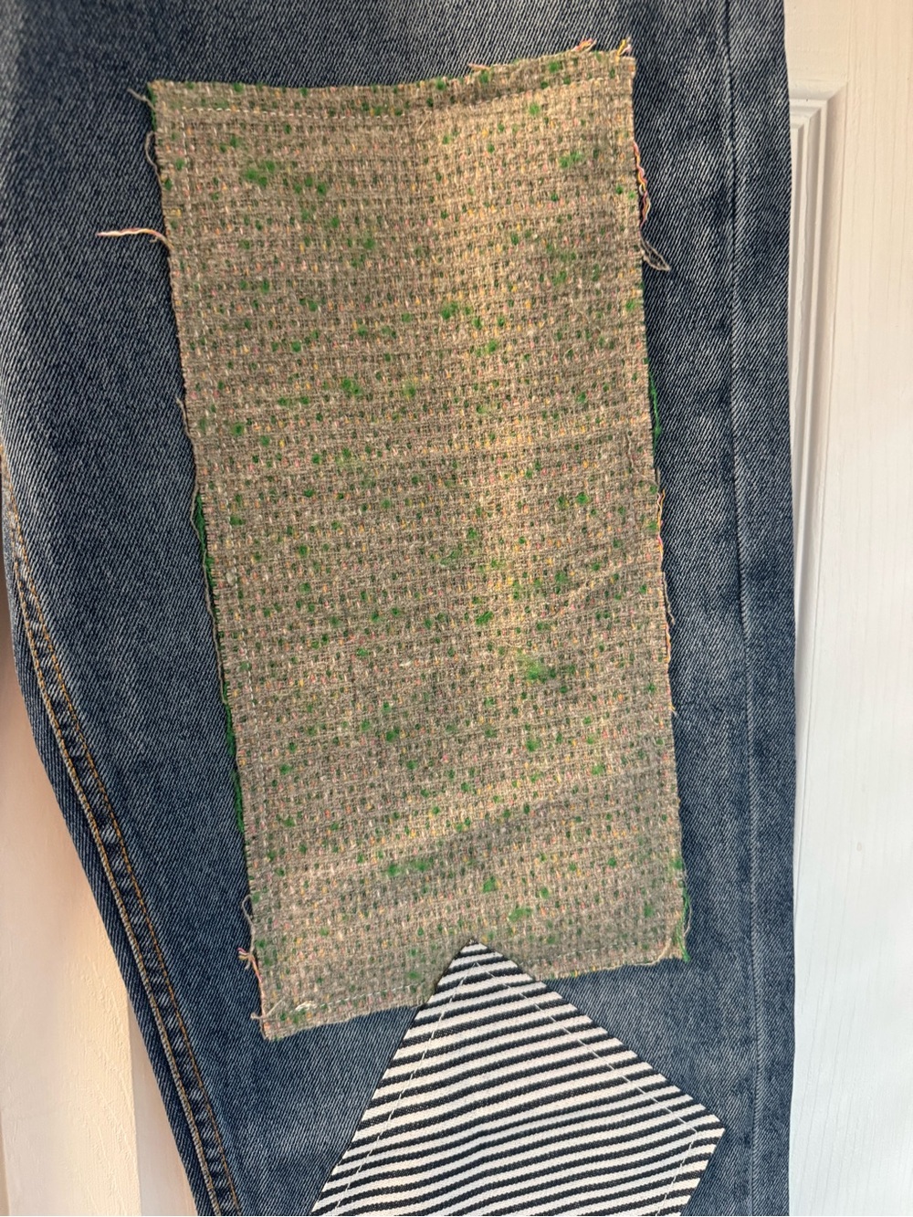 Patchwork Wide Leg Jeans in Blue with Mixed Fabric Panels - Picture 3 of 8